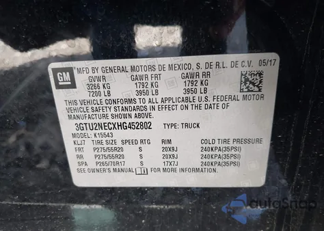 2017 GMC Sierra 1500 Slt из США, поврежденный, VIN 3GTU2NECXHG452802